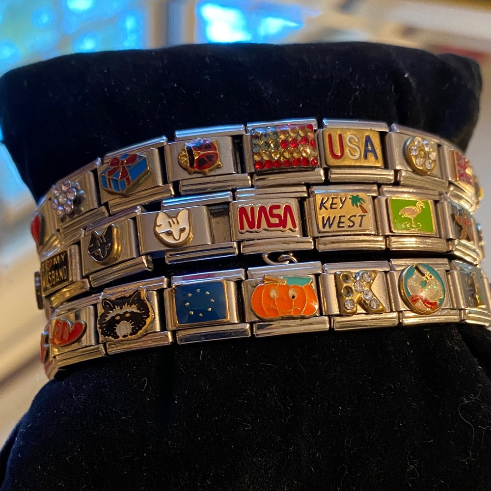 3 Silver Charm Friends/ nomination Bracelets with Colorful Designs